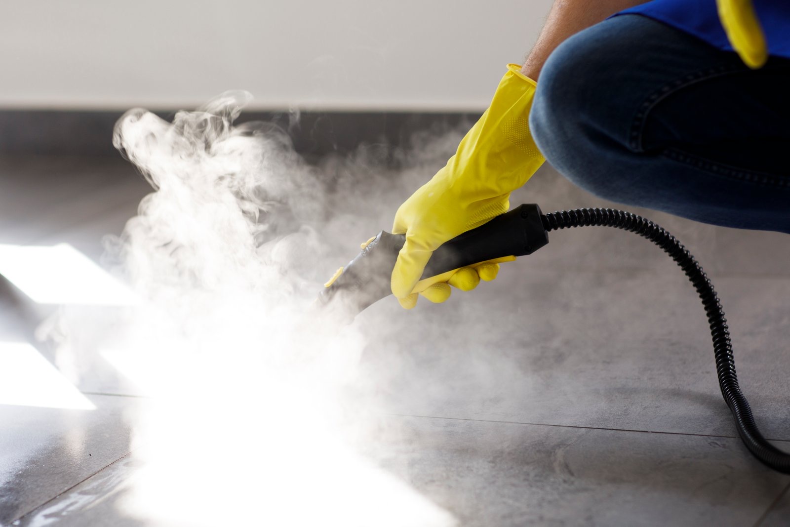 Professional using a steam cleaner in an office
