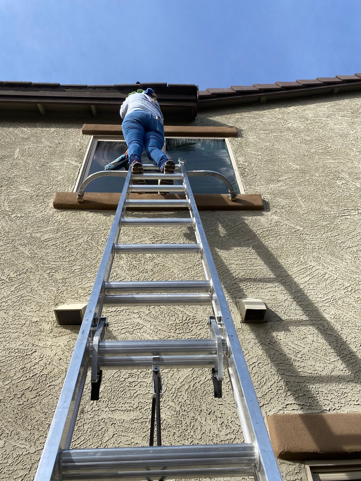 Team member on a ladder cleaning a second-floor window